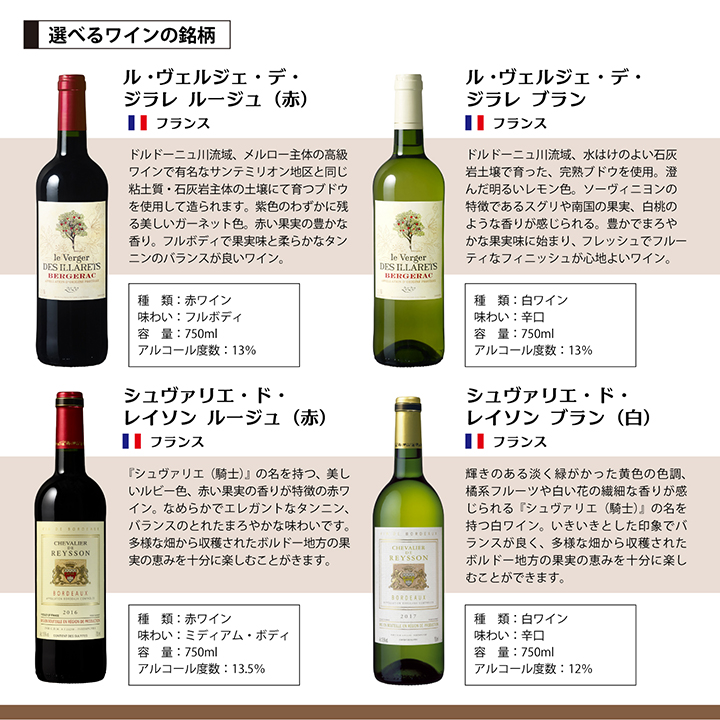 「シャトー デ・ジラレ ルージュ(赤ワイン)」「シャトー デ・ジラレ ブラン(白ワイン)」の２銘柄からお選びいただけます。