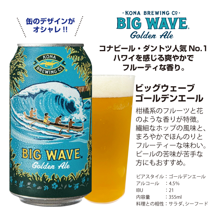 ビールカングラスとコナビール BIG WAVE ビッグウエーブ ゴールデンエール 355ml