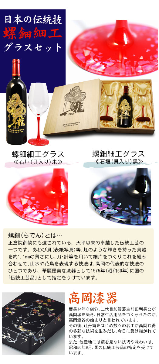 お酒のボトルに迫力ある龍の絵柄とご希望の文字を彫刻します。文字の配置によってレイアウトパターンが２つから選べます。